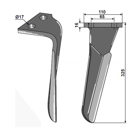 Ząb brony aktywnej, prawy, L325 mm pasujący do Frandent