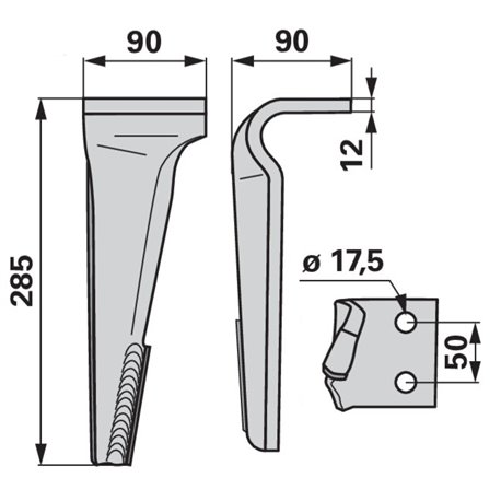 Ząb brony aktywnej, L285mm prawy 2 płytki węglika spiekanego, pasujący do Maschio, 