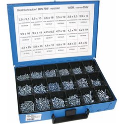 Zestaw blachowkrętów DIN7981, ocynk, 18 komorowy, 1450 szt., 2,9x9,5 do 4,8x32 