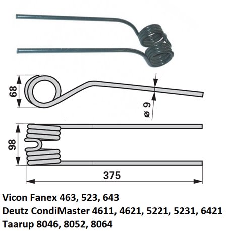 Palec zgrabiarki 375/98/68 fi9,0 mm, pasuje do Deutz-Fahr (1662005786)