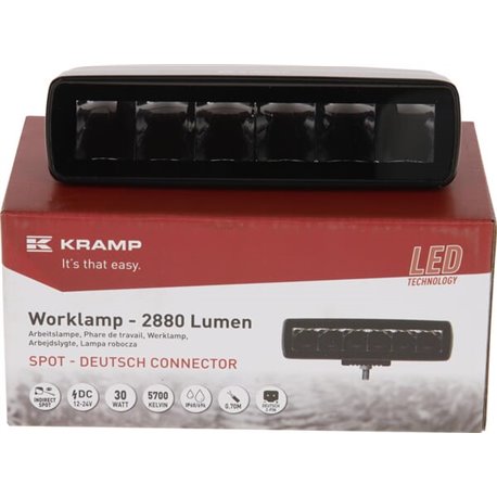 Lampa robocza LED, prostokątna 30W 2880lm 12/24V, biała, 157x49.7x60 mm światło skupione z wtyczką Deutsch, 6 LED