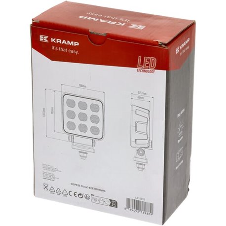 Lampa robocza LED, kwadratowa 90W 6800lm 12/24V, biała, 108x120.7x52.7 mm światło rozproszone z wtyczką Deutsch, 18 LED