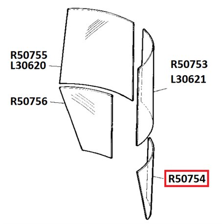 Szyba John Deere przednia dolna prawa,  L62576, R50754